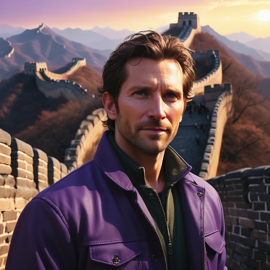 Regeneration Art, Masterpiece Octane renders sexy masculinity [Basque|The digital age] (Guy:1.2) , The face is Hugh Bradley Cooper, Bradley Cooper wearing a Harrington jacket, Harrington jacket in contrasting colours, There is a decoration of the Great Wall of China on it, Baldness, Detailed electric purple background, At sunrise, Visual novel, Full of hope, Warm lighting, Low shutter, Participate in a project，Background of the Great Wall of China