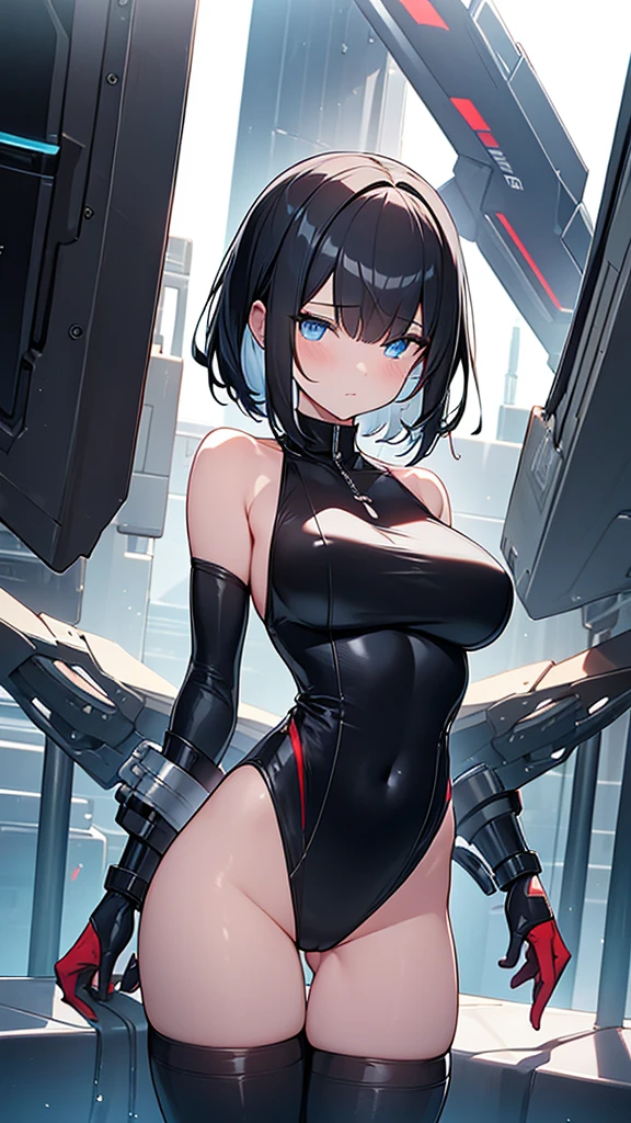 (Highly detailed CG Unity 32k wallpaper,masterpiece, Biological, whole body),(Best lighting, Best Shadow, Very delicate and beautiful),(High School Girl and Unidentified Creatures),blue eyes, Big Breasts,Bouncing chest, Black Hair,Bobcut,Red and black and White off-the-shoulder revealing high-cut SF bodysuit,One-piece swimsuit-style clothing,Clothes that emphasize the chest,Neck Seal,High-tech sci-fi corridor, Dynamic pose, Detailed Machinery, Sleek design.,My crotch is wet, {{The unidentified creature had no reproductive organs, so it preyed on the high school girls on the spaceship and disguised itself as a woman.、High school girls are candidates、An unidentified creature that's bigger than a high school girl's chest}},隣りに, The high school girl became a skeleton, Unknown sensation, Feels good, Vigorous movement, more, instinct, Female fall, Bouncing chest, loose, loose, Next to a real girl skeleton, locker room, NSFW