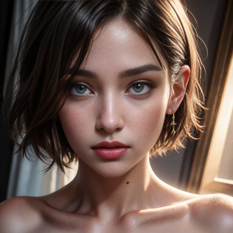 (best quality, 4k, Masterpiece, ultra detailed, hyperrealism, RAW quality), ((The face of the most beautiful young girl)), the most beautiful face ever created, gray-eyed princess, seductive look, ultra-detailed pupil, captivating, clean, perfect, short bob cut, ash hair, red lips, captivating, staring at the viewer,