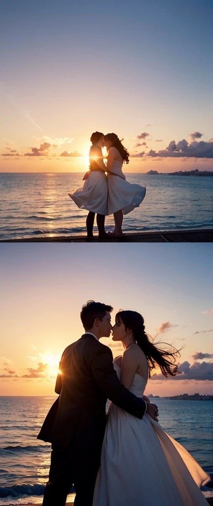 Scene 2: Romantic Moment
Setting: The bow of the ship at sunset.
Characters: Jack and Rose standing at the ship's bow, arms outstretched, feeling the wind.
Background: Beautiful sunset over the ocean.