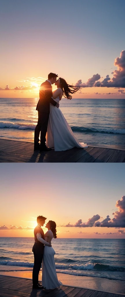 Scene 2: Romantic Moment

Setting: The bow of the ship at sunset.
Characters: Jack and Rose standing at the ship's bow, arms outstretched, feeling the wind.
Background: Beautiful sunset over the ocean.