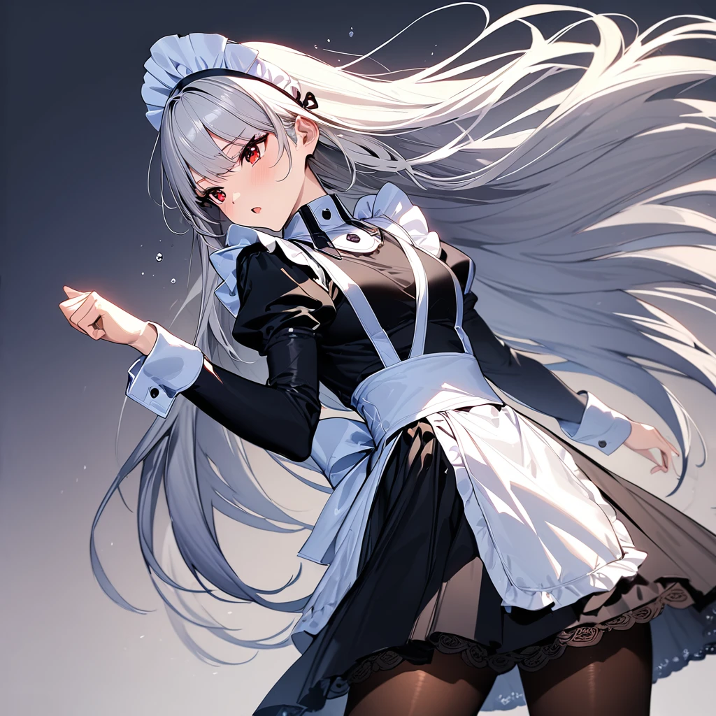 (masterpiece),(Highest quality),(Super detailed),(Best illustrations),(so beautiful), so beautiful長い脚,Silver Hair, Red eyes, Very long hair, hose, Maid, headdress, apron, Long skirt, fighting, powerful