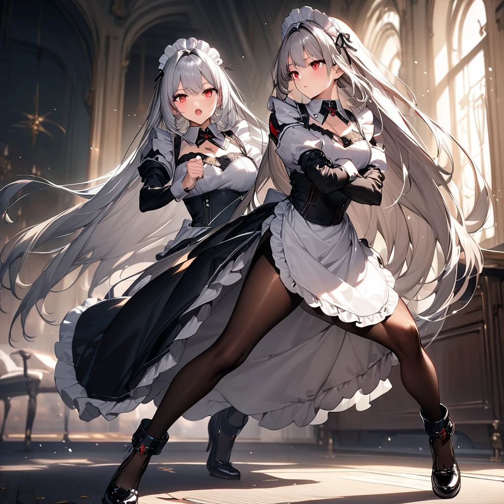 (masterpiece),(Highest quality),(Super detailed),(Best illustrations),(so beautiful), so beautiful長い脚,Silver Hair, Red eyes, Very long hair, pantyhose, Maid, headdress, apron, Long skirt,  fighting, powerful