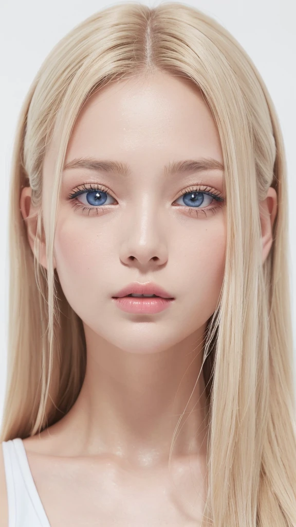 (((leotard、Swimwear、White background、Cowboy Shot、forehead)))、forehead、Northern Europe、Russia、beautiful girl、Platinum Blonde Hair、Straight long hair、Big blue eyes、Northern Europeの若者、Glowing Skin、Young and beautiful skin、A perfect and beautiful little face、Bright makeup、Pale pink lips、Bright expression、lipstick、Golden Hour Lighting、Movie Light、Intricate details、High resolution、 Detailed features of the face design、Big Breasts