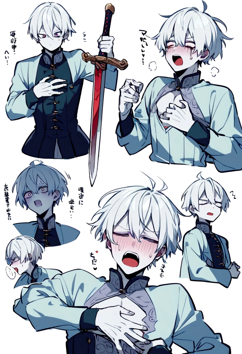 short hair boy, pale skin, white hair, removing a sword from your chest, com expression of pain, expression of pain, taking a sword out of his chest