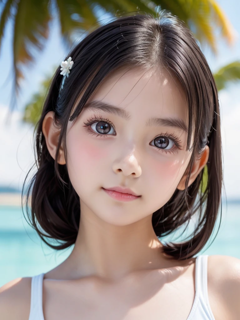 A -yeld gibeautiful girl，Beautiful Japan Girl，Beautiful Eyes，Big eyes，Very cute face，Portrait，True Face，Cute Nose，White skin，Short Hair，Face close-up，Body facing straight ahead，Soft Light，The background is the sea，