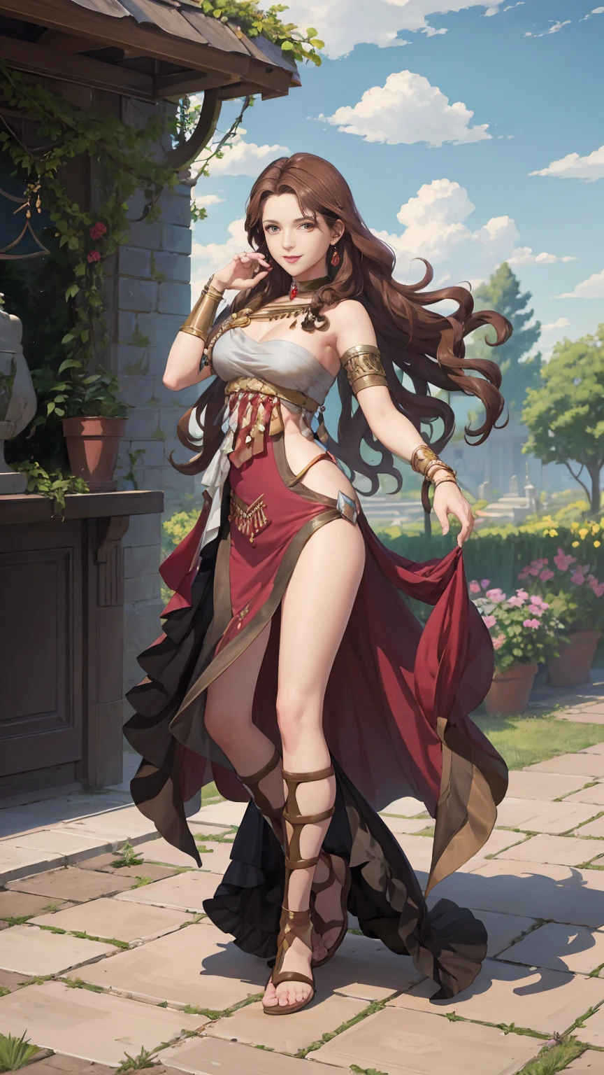 ((Full body photo, standing, feet on the floor)) masterpiece, best quality, Dorothea Arnault, dorothea (timeskip), brown hair, large breasts, red danceroutfit, looking at viewer, smile, sky, clouds, garden, cowboy shot, long hair,