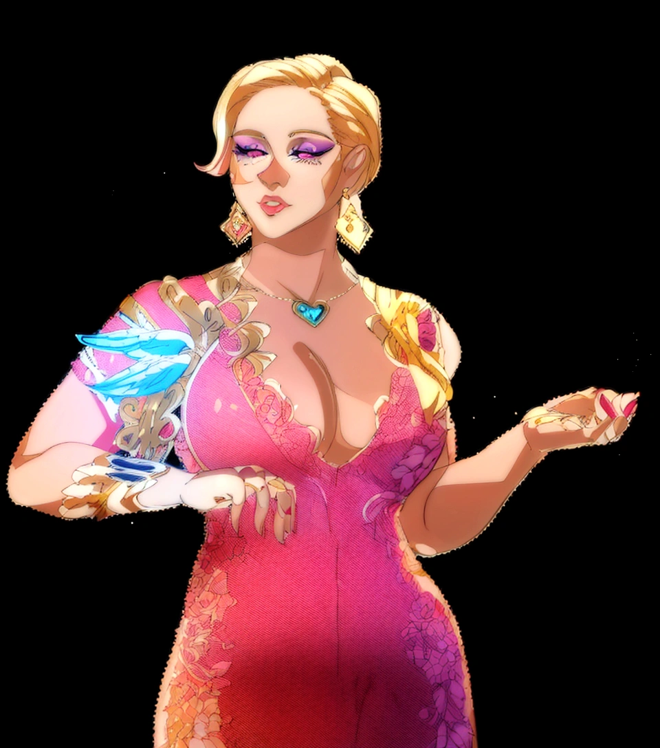 The image depicts a woman with blonde hair, wearing a vibrant pink dress with gold accents. She has a confident pose, standing with her hands on her hips and her head slightly tilted to the side. Her makeup is done in shades of pink and purple, complementing her attire. The background is black, which contrasts with her colorful outfit and highlights her as the main subject of the image.