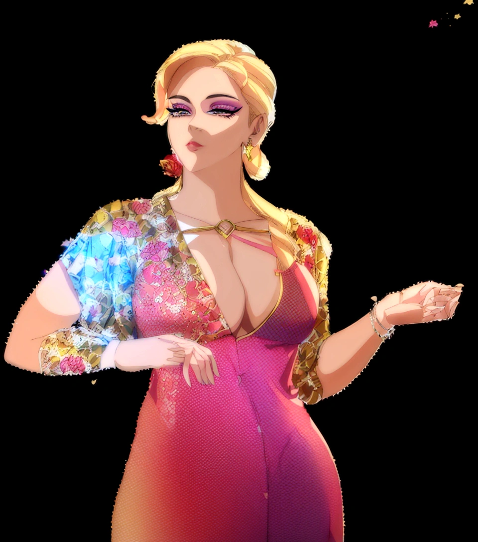 The image depicts a woman with blonde hair, wearing a vibrant pink dress with gold accents. She has a confident pose, standing with her hands on her hips and her head slightly tilted to the side. Her makeup is done in shades of pink and purple, complementing her attire. The background is black, which contrasts with her colorful outfit and highlights her as the main subject of the image.