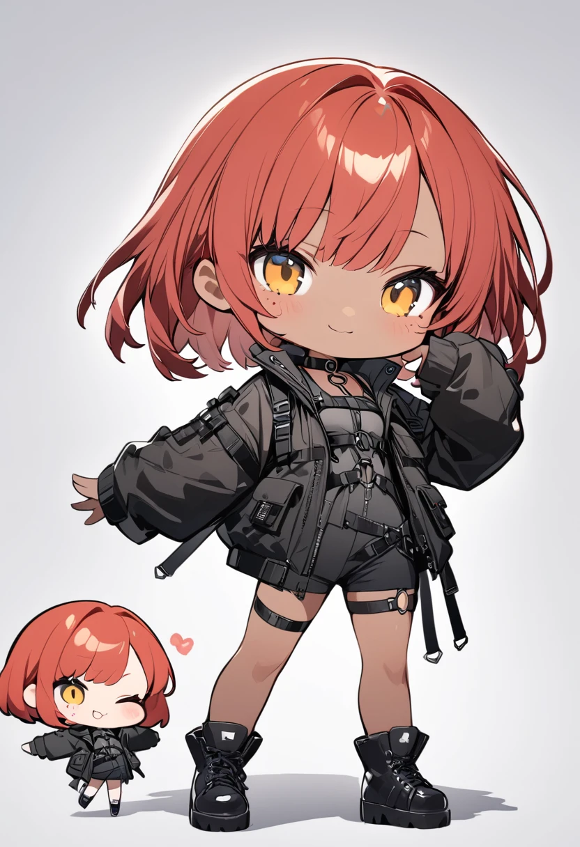 full body,1 girl,(cute:1.3),red Hair, left eye blue, right eye yellow, tan skin, freckles,｛stylish and edgy outfit, techwear,body harness, O ring choker, oversized jacket, Glossy, shiny material,chibi emote, chibi character, cute pose
