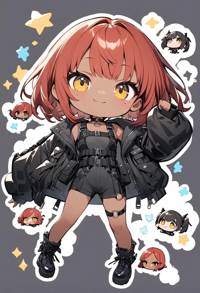 full body,1 girl,(cute:1.3),red Hair, left eye blue, right eye yellow, tan skin, freckles,｛stylish and edgy outfit, techwear,body harness, O ring choker, oversized jacket, Glossy, shiny material,chibi emote, chibi character, cute pose
