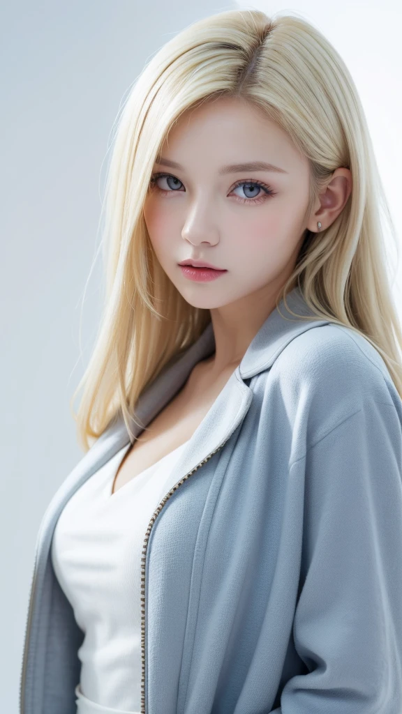 (((forehead、White Blonde Hair、Northern Europe、White people、beautiful girl、Blonde、White background、open jacket、lender )))、table top, highest quality, figure, super detailed, finely, High resolution, 8k wallpaper, Perfect dynamic composition, detailed and beautiful eyes, Deco out,bionde, medium hair, big breasts, Natural color lip,white background, random cute poses,frill dress