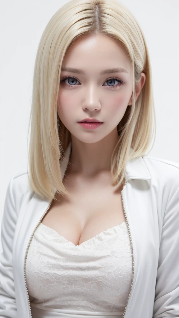 (((forehead、White Blonde Hair、Northern Europe、White people、beautiful girl、Blonde、White background、open jacket、lender )))、table top, highest quality, figure, super detailed, finely, High resolution, 8k wallpaper, Perfect dynamic composition, detailed and beautiful eyes, Deco out,bionde, medium hair, big breasts, Natural color lip,white background, random cute poses,frill dress