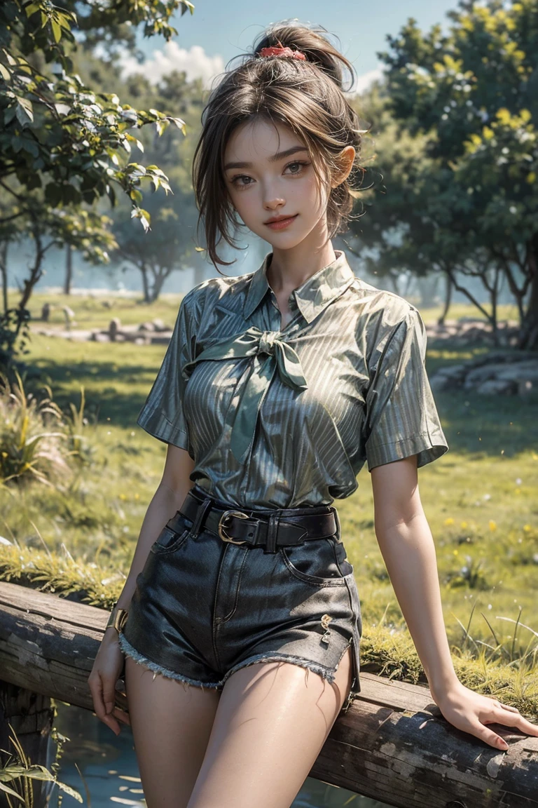 masterpiece, best quality, high resolution, serene 1, 1 girl, serene 1, 1 girl, serene (Pokémon), Solitary, Gray eyes, Black Hair, green shorts, Red headdress, shirt, tied shirt,, short hair, Short sleeve, shorts, stripe, yellow shirt, belt, Middle Class Shooting, Grass, site, Smile, permanent,