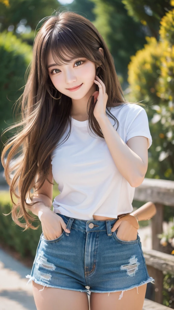 Highest quality、Precise beauty、Beautiful long hair woman、The most beautiful woman in the world、Beautiful and sharp face、21 years old、Smooth hair that looks blonde、Long hair Highly detailed face、Cute Smile、Beautiful and detailed、Small face、Ample breasts、T-Shirts、High resolution、8k wallpaper、Hair brushing gesture, very detailed、masterpiece、Very bright photo、One woman、Shorts、Beautiful legs