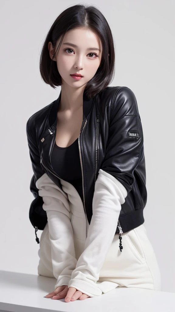 (((forehead、Northern Europe、White people、beautiful girl、Black Hair、White background、open jacket、lender)))、table top, highest quality, figure, super detailed, finely, High resolution, 8k wallpaper, Perfect dynamic composition, detailed and beautiful eyes, Deco out,bionde, breasts, Natural color lip,white background, random cute poses,