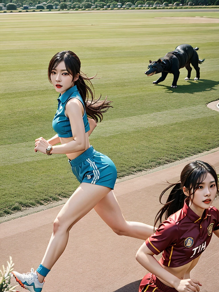 Beautiful Lienhua female, wearing sporty versace outfits, running from crocodile, run for his life.