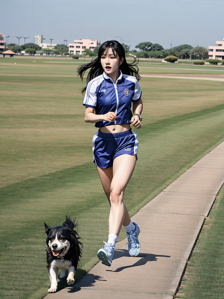 Beautiful Lienhua female, wearing sporty versace outfits, running from crocodile, run for his life.