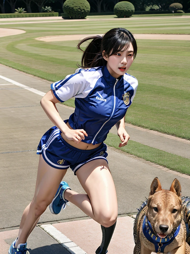 Beautiful Lienhua female, wearing sporty versace outfits, running from crocodile, run for his life.