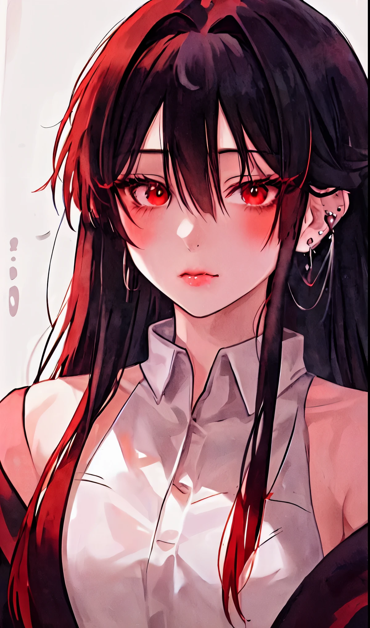 1girl, portrait, earrings, solo,lips, female focus, red eyes, looking at viewer, black hair, long hair, closed mouth