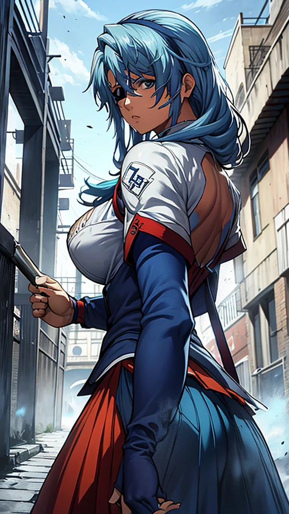 High detailed, 1 girl, aegean-blue colored hair, detailed Cyan eye, eyepatch, busty, huge And round buson, Orange sattela's clothes, sattela's Long skirt, violent face, serious face, eyepatch, eyepatch, eyepatch