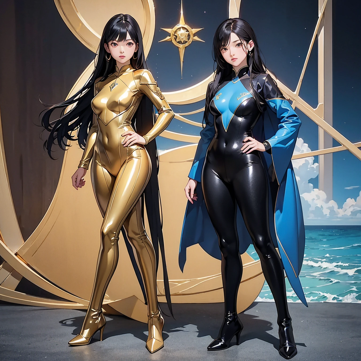 ((Full body photo, standing, feet on the floor)) 2girls, highest quality、shoe without heel, Realistic、female、Japanese、zoom、cute、Brown eyes、Black Hair、long hair、Blue hero suit、Gold accents on suits、Shiny bodysuit、Ocean