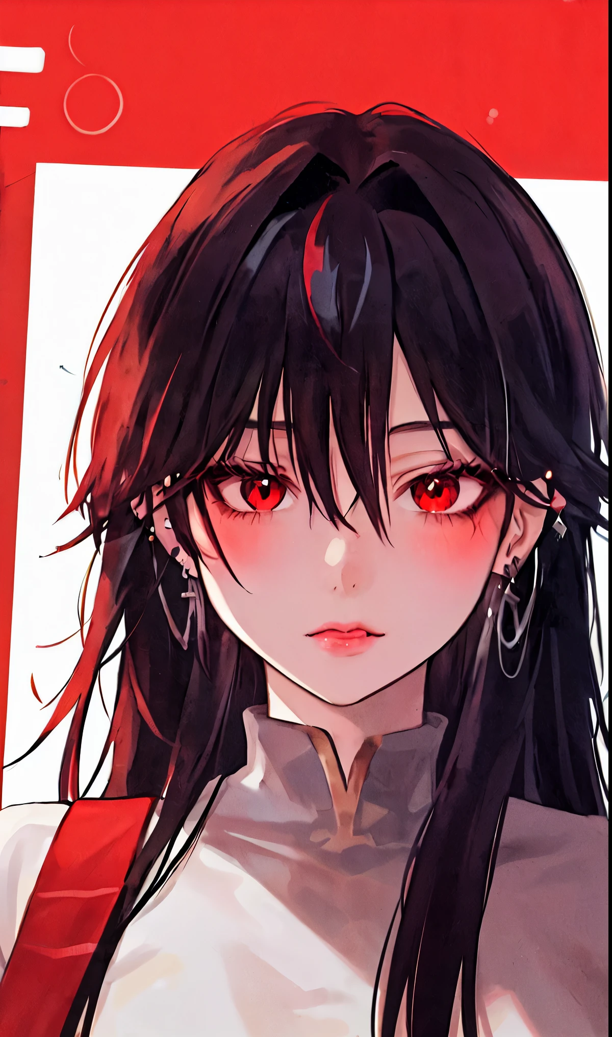 1girl, portrait, earrings, solo,lips, female focus, red eyes, looking at viewer, black hair, long hair, closed mouth