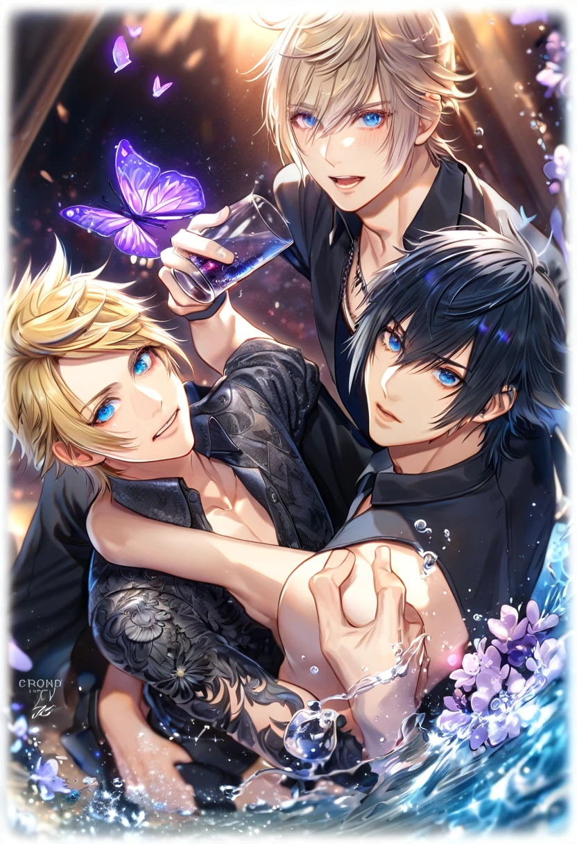absurdres, highres, ultra detailed, HDR, master piece, best quality, extremely detailed, Noctis Lucis Caelum, black hair, expressive blue eyes, Final Fantasy XV, Prompto Argentum, blonde hair, expressive blue eyes, two sexy men together, gay couple, yaoi, handsome, black clothes, black pants, fantasy, magical, sparkling, water, glass, purple moon, purple flowers, purple butterflies, purple petals