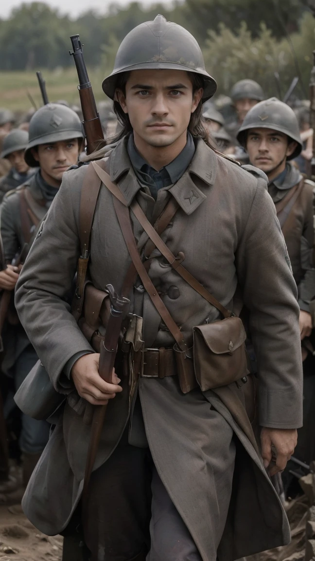 (masterpiece), best quality, expressive eyes, perfect face, All quiet on western Front, man, trenches, dirty, uniform, realistic, HD, Rifle, Orlando Bloom, big bag, French army, regiment, France, defending position