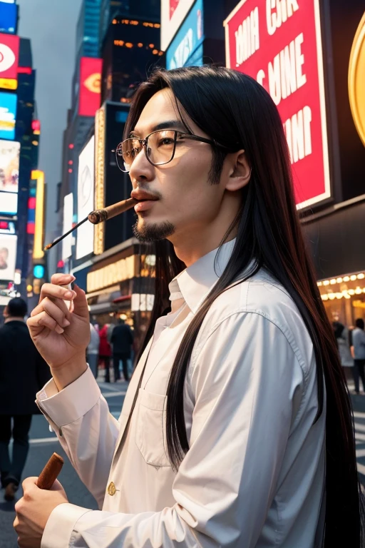 Intelligent oriental man, wide face straight hair time square smoking a cigar