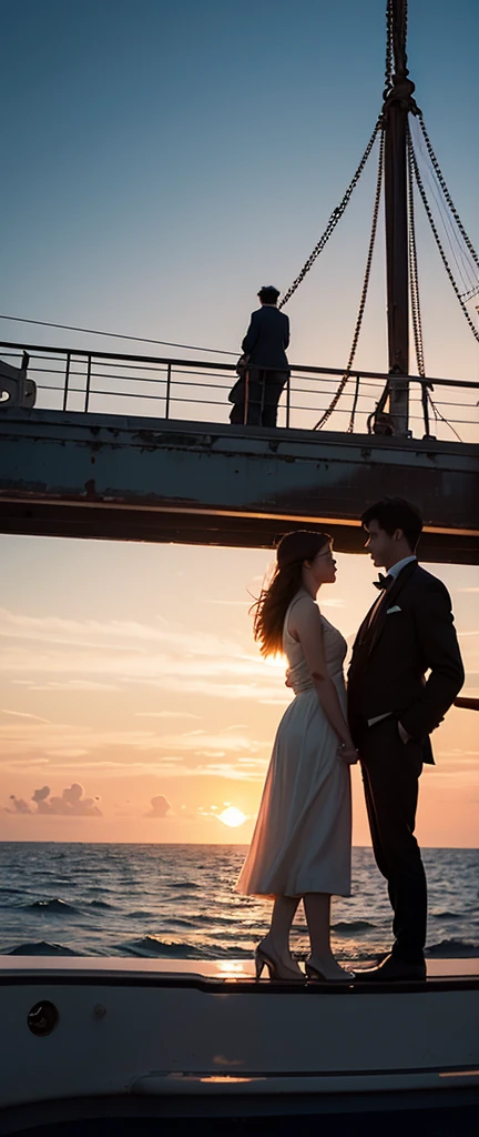Prompt Title: The Fateful Story of TitanicScene 2: Romantic Moment
Setting: The bow of the ship at sunset.
Characters: Jack and Rose standing at the ship's bow, arms outstretched, feeling the wind.
Background: Beautiful sunset over the ocean.