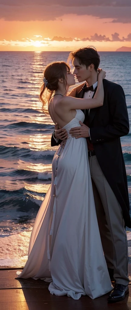 Prompt Title: The Fateful Story of TitanicScene 2: Romantic Moment

Setting: The bow of the ship at sunset.
Characters: Jack and Rose standing at the ship's bow, arms outstretched, feeling the wind.
Background: Beautiful sunset over the ocean.