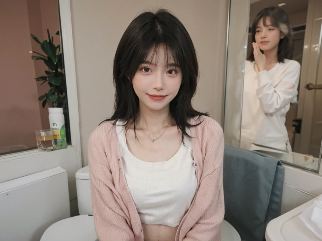 best quality， ultra high resolution， （realistically：1.4），cute hairpin，Baoyu Girl，1 girl,pink long sweater，pink long sweater ，Beautiful woman with slim figure:1.4, abdominal muscles:1.1, (a brown haired one, Medium chest:1.3), pink long sweater, bathroom,Super thin face，exquisite eyes，double eyelids，Smile，necklace