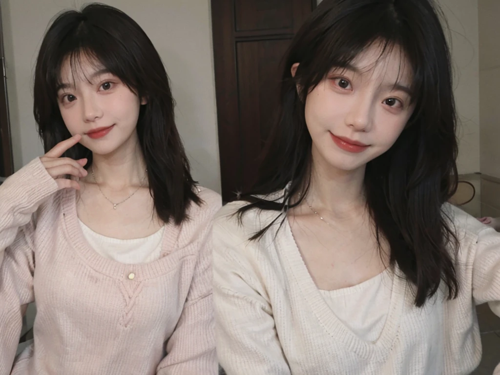 best quality, ultra high resolution, (realistically:1.4),cute hairpin,Baoyu Girl,1 girl,pink long sweater,pink long sweater ,Beautiful woman with slim figure:1.4, abdominal muscles:1.1, (a brown haired one, Medium chest:1.3), pink long sweater, bathroom,Super thin face,exquisite eyes,double eyelids,Smile,necklace