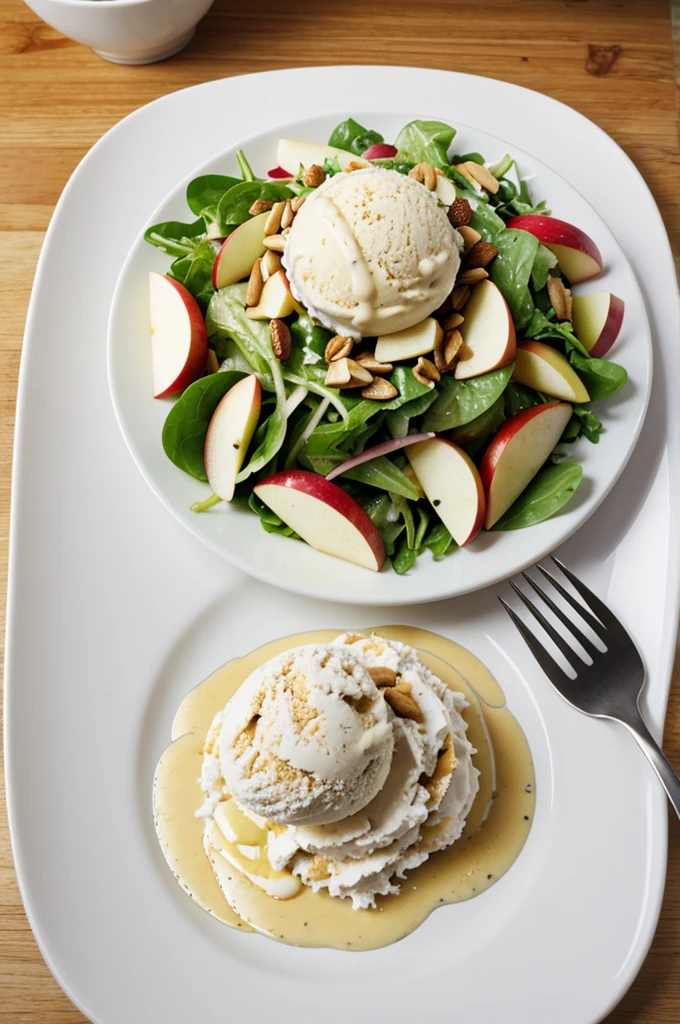 Apple salad accompanied with goose ice cream dessert