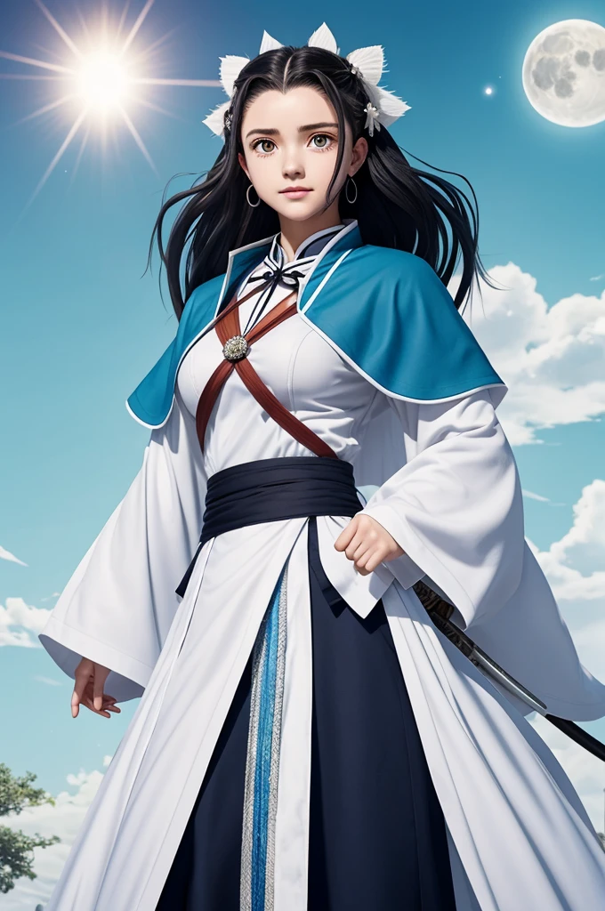 Captura de pantalla de Kimetsu No Yaiba.
Girl with long and medium wavy hair, white with crystal blue tips, He has white eyes with little moons in the middle, With big breasts, has white skin, big eyelashes, He wears the hunter uniform with a white Ahori with moons, He has a white katana with light blue, full body and has a happy face