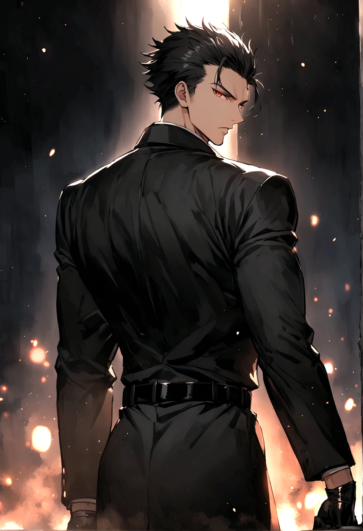 masculine man, high , muscular , with full black suit and open black trench coat , short black hair combed back and Red eyes , black belt and black gloves ,Delgado , ,24 years old