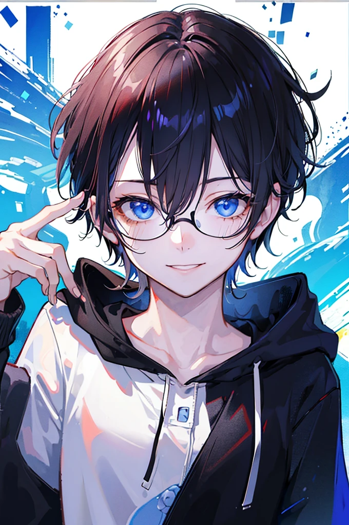 (((head shot))) (((masterpiece))), best quality, Ultra-fine CG unity 8k wallpaper (1 Boy:1.3)((Black short hair)), ((blue eyes)), ((Black glasses)) (Gentle smile) (Red Hoodie)