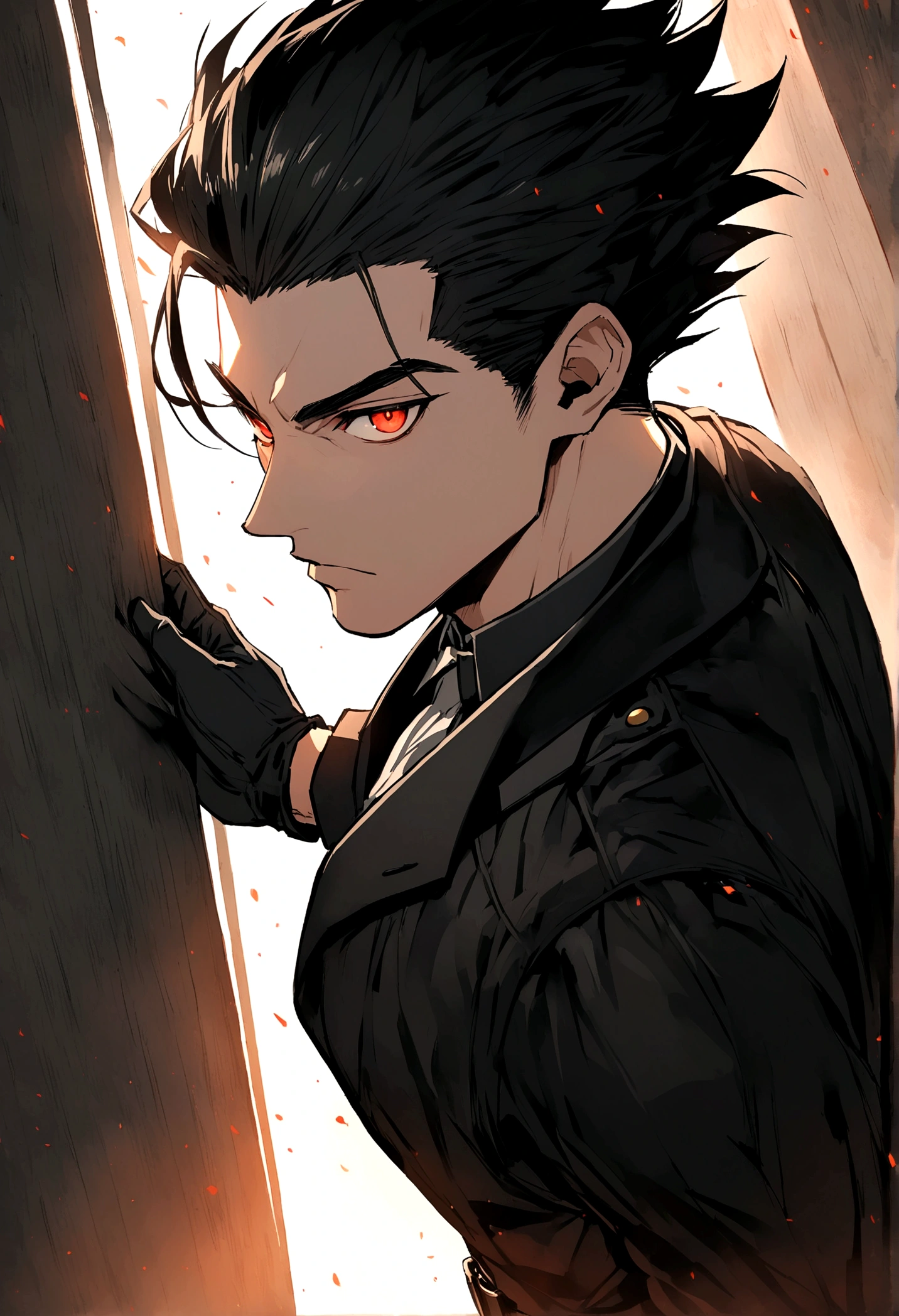 masculine man, high , muscular , with full black suit and open black trench coat , short black hair combed back and Red eyes , black belt and black gloves ,Delgado ,  ,24 years old
