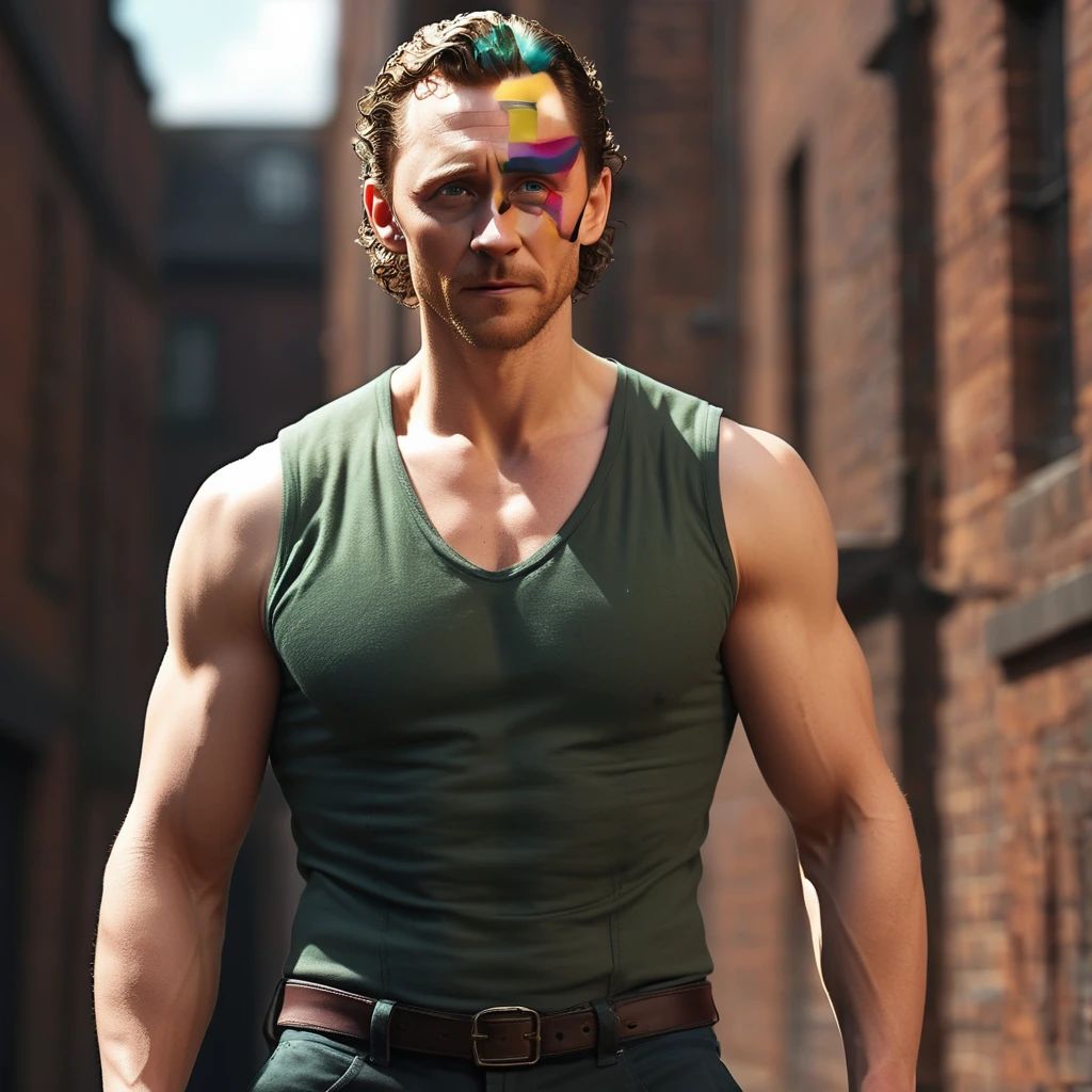 Regeneration Art, Masterpiece Octane renders sexy masculinity [Basque|The digital age] (Guy:1.2) , Tom Hiddleston&#39;s face, Tom Hiddleston wearing a Harington jacket, Harrington jacket color is brown, There is a decoration of the Great Wall of China on it, Baldness, Detailed electric purple background, At sunrise, Visual novel, Full of hope, Warm lighting, Low shutter, Participate in a project，Background of the Great Wall of China