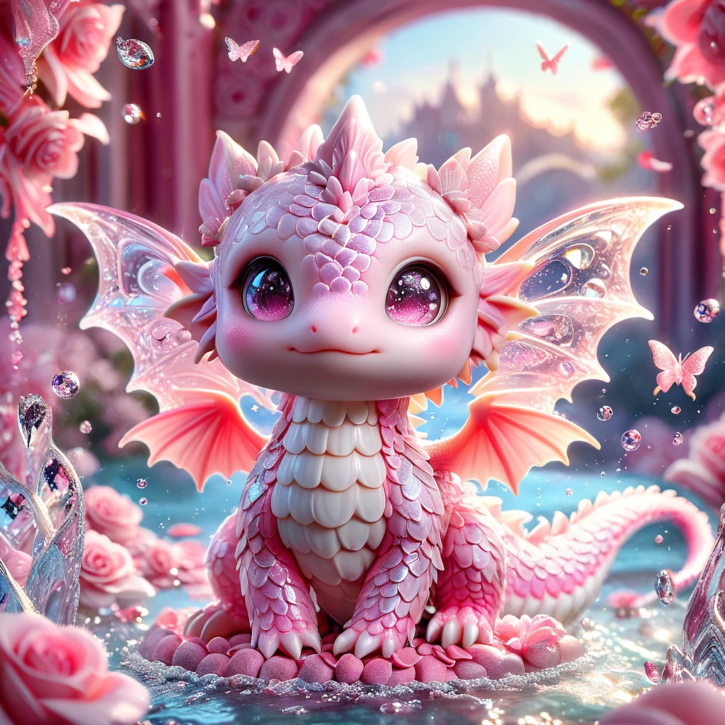 Ultra detailed, HDR, Highres, absurdres, master piece, Pink dragon, expressive pink eyes, small dragon, glass, pink glittering butterflies, pink ice, petals, pink ice glass roses, cute, glittering, water, fantasy, magical