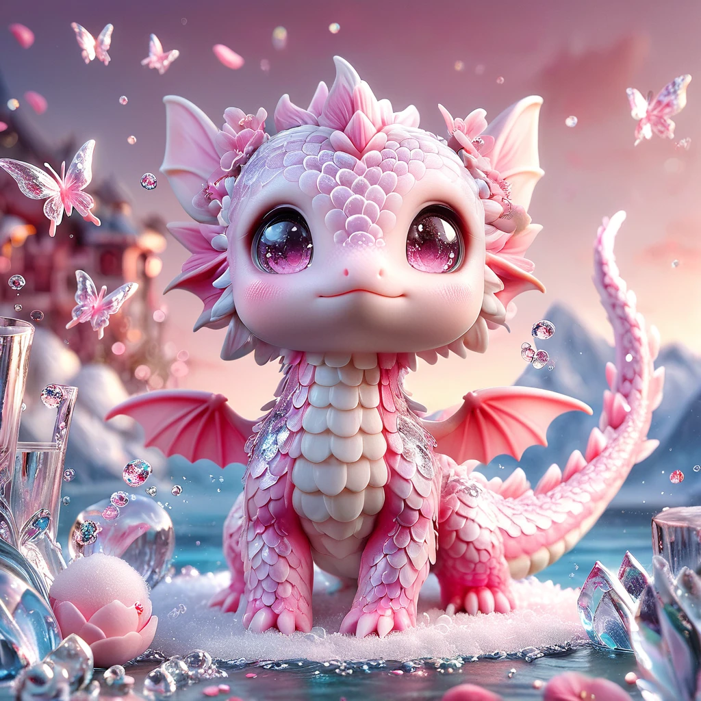 Ultra detailed, HDR, Highres, absurdres, master piece, Pink dragon, expressive pink eyes, small dragon, glass, pink glittering butterflies, pink ice, petals, pink ice glass roses, cute, glittering, water, fantasy, magical