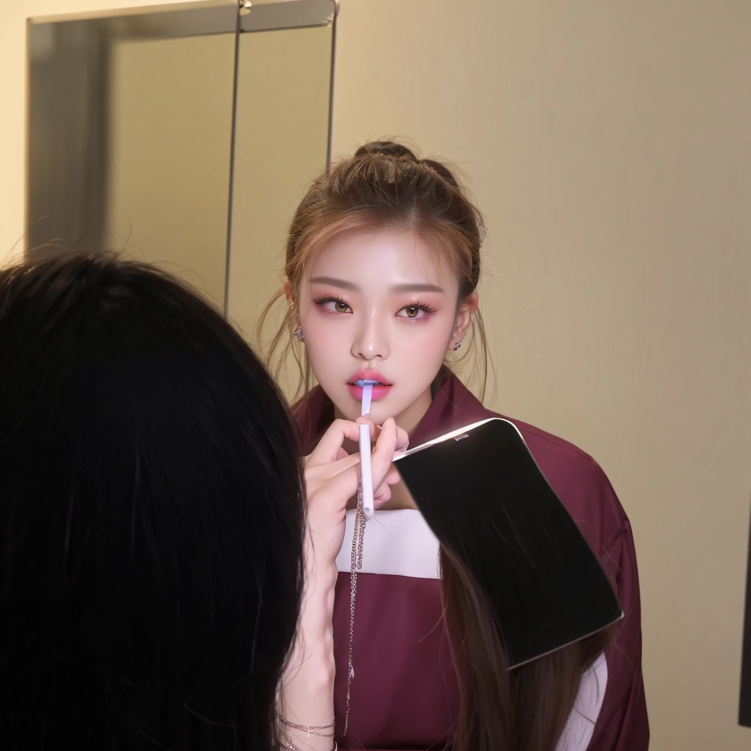 There is a woman brushing her teeth in front of a mirror, roseanne park by blackpink, jossi de blackpink, with professional make up, Photoshoot, portrait of jossi de blackpink, jaeyeon nam, putting make up on, make up, Jimin\full lips, jennie pink black, jinyoung shin, Behind the scenes photo, jia, Yanjun Chengt