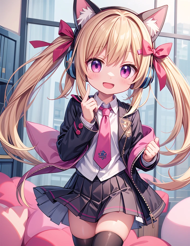 1girl, solo, looking at viewer, smile, short hair, open mouth, skirt, blonde hair, thighhighs, bow, ribbon, animal ears, school uniform, jacket, tail, hair bow, necktie, black thighhighs, pink eyes, fake animal ears, headphones, halo, animal ear headphones, cat ear headphones, momoi \(blue archive\)
