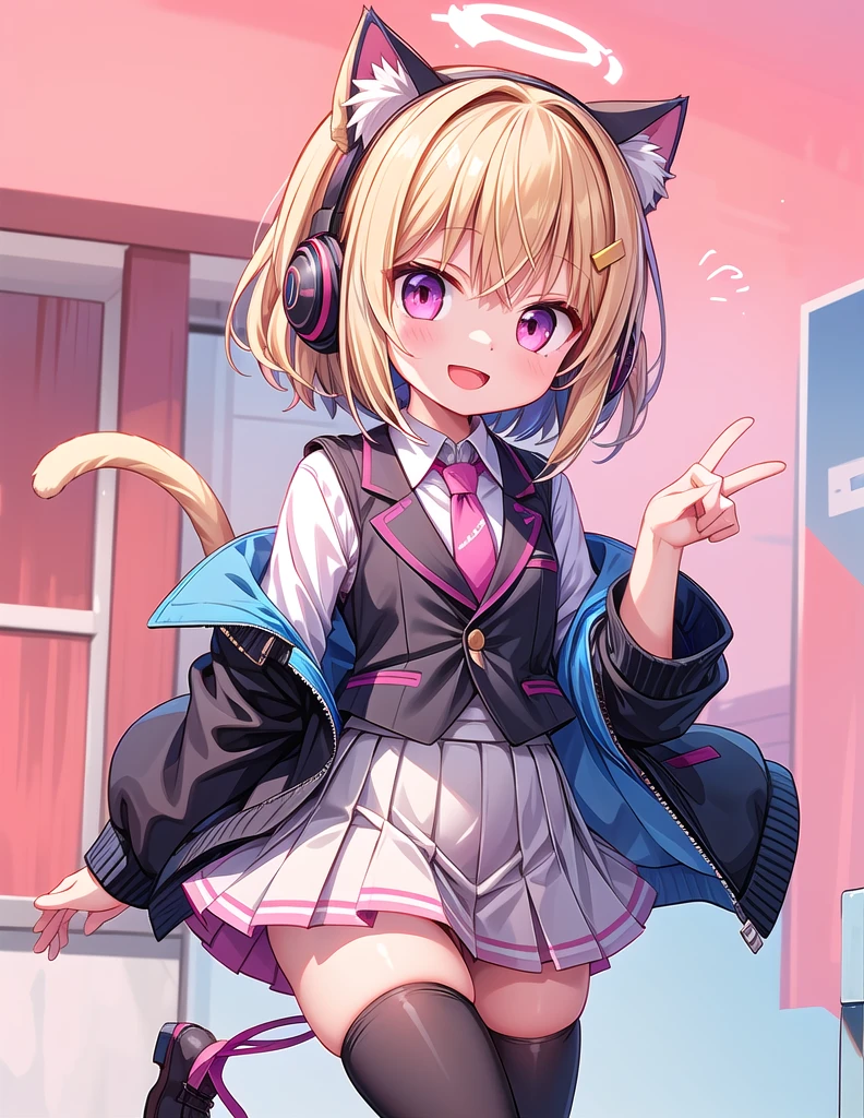 1girl, solo, looking at viewer, smile, short hair, open mouth, skirt, blonde hair, thighhighs, bow, ribbon, animal ears, school uniform, jacket, tail, hair bow, necktie, black thighhighs, pink eyes, fake animal ears, headphones, halo, animal ear headphones, cat ear headphones, momoi \(blue archive\)