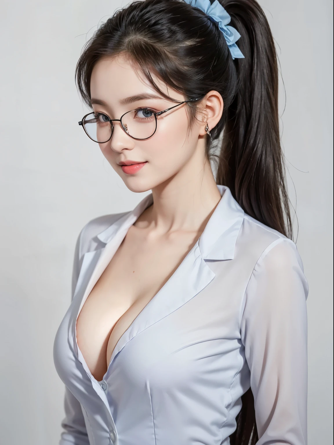 (Best quality, masterpiece, detailed), (RAW, 4k, hd images), 1 girl, , white skin, long hair, ponytail, layers hair, bangs, black hair, beautiful girl, cute girl, sweet girl, pretty girl, perfect girl, perfect body, pretty eyes, glowing pale blue eyes, thin lips, (eye line, lip soft), perfect breast, glasses(detailed frame), simple background, smile, waist, black formal shirt open button, upper waist body, modeling pose, free style pose, random angle capture, cleavage, ponytails