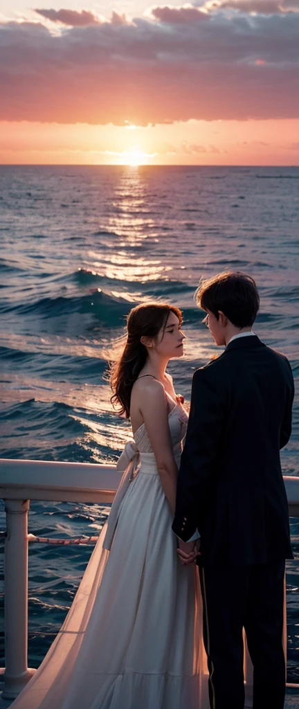 Prompt Title: The Fateful Story of Titanic Scene 2: Romantic Moment
Setting: The bow of the ship at sunset.
Characters: Jack and Rose standing at the ship's bow, arms outstretched, feeling the wind.
Background: Beautiful sunset over the ocean.