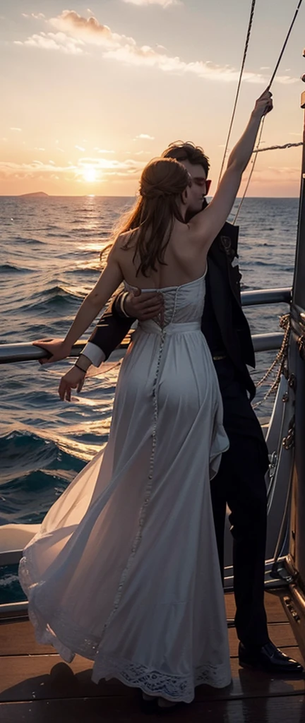 Prompt Title: The Fateful Story of Titanic Scene 2: Romantic Moment
Setting: The bow of the ship at sunset.
Characters: Jack and Rose standing at the ship's bow, arms outstretched, feeling the wind.
Background: Beautiful sunset over the ocean.