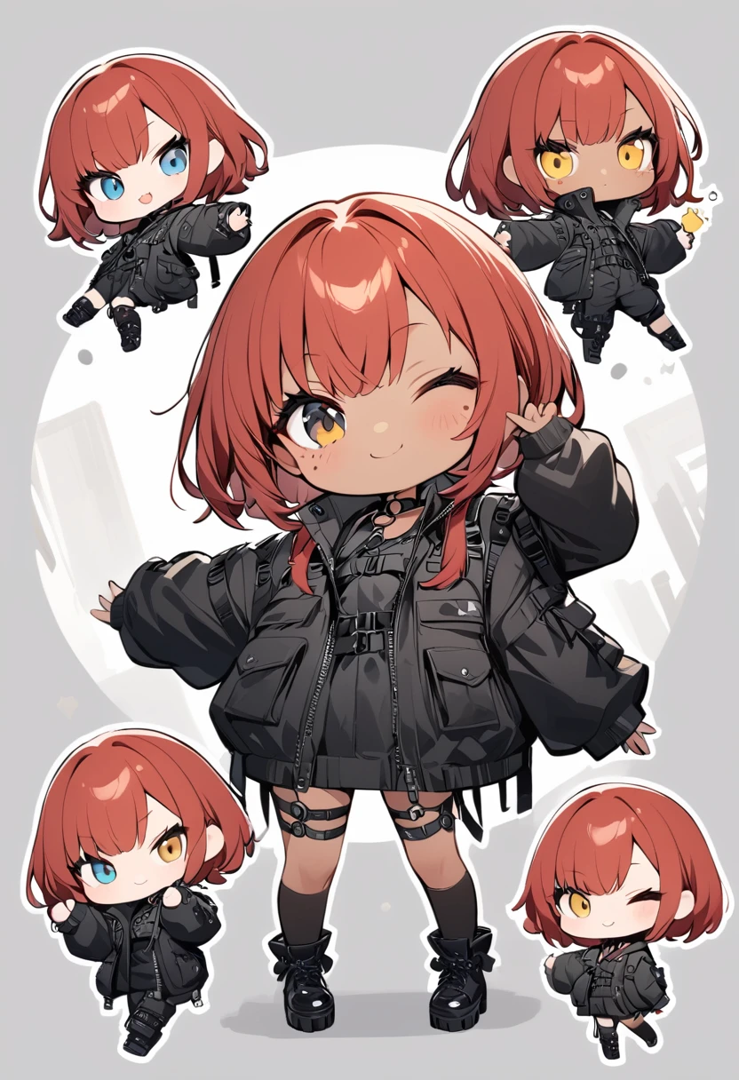 full body,1 girl,(cute:1.3),red Hair, left eye blue, right eye yellow, tan skin, freckles,｛stylish and edgy outfit, techwear,body harness, O ring choker, oversized jacket, Glossy, shiny material,chibi emote, chibi character, cute pose
