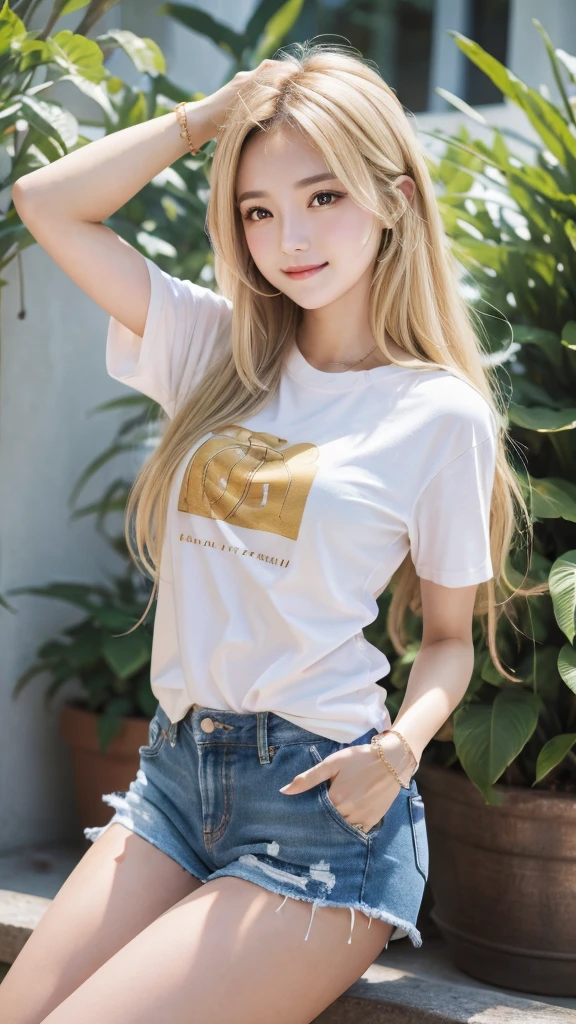 Highest quality、Precise beauty、Beautiful long hair woman、The most beautiful woman in the world、Beautiful and sharp face、21 years old、Smooth hair that looks blonde、Golden Hair、Blonde Hair、ロングヘアーVery detailed顔、Cute Smile、Big eyes、Small face、Ample breasts、T-Shirts、High resolution、8k wallpaper、The gesture of pulling up the hair、Very detailed、masterpiece、Very bright photo、One woman、Shorts、Beautiful legs